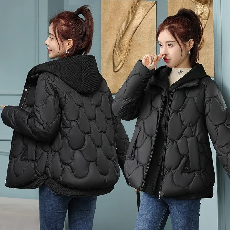 Chaqueta de algodón con capucha de invierno para mujer, Chaqueta corta de algodón falsa de dos piezas, Chaqueta de algodón gruesa holgada para mujer, nuevo abrigo Parka