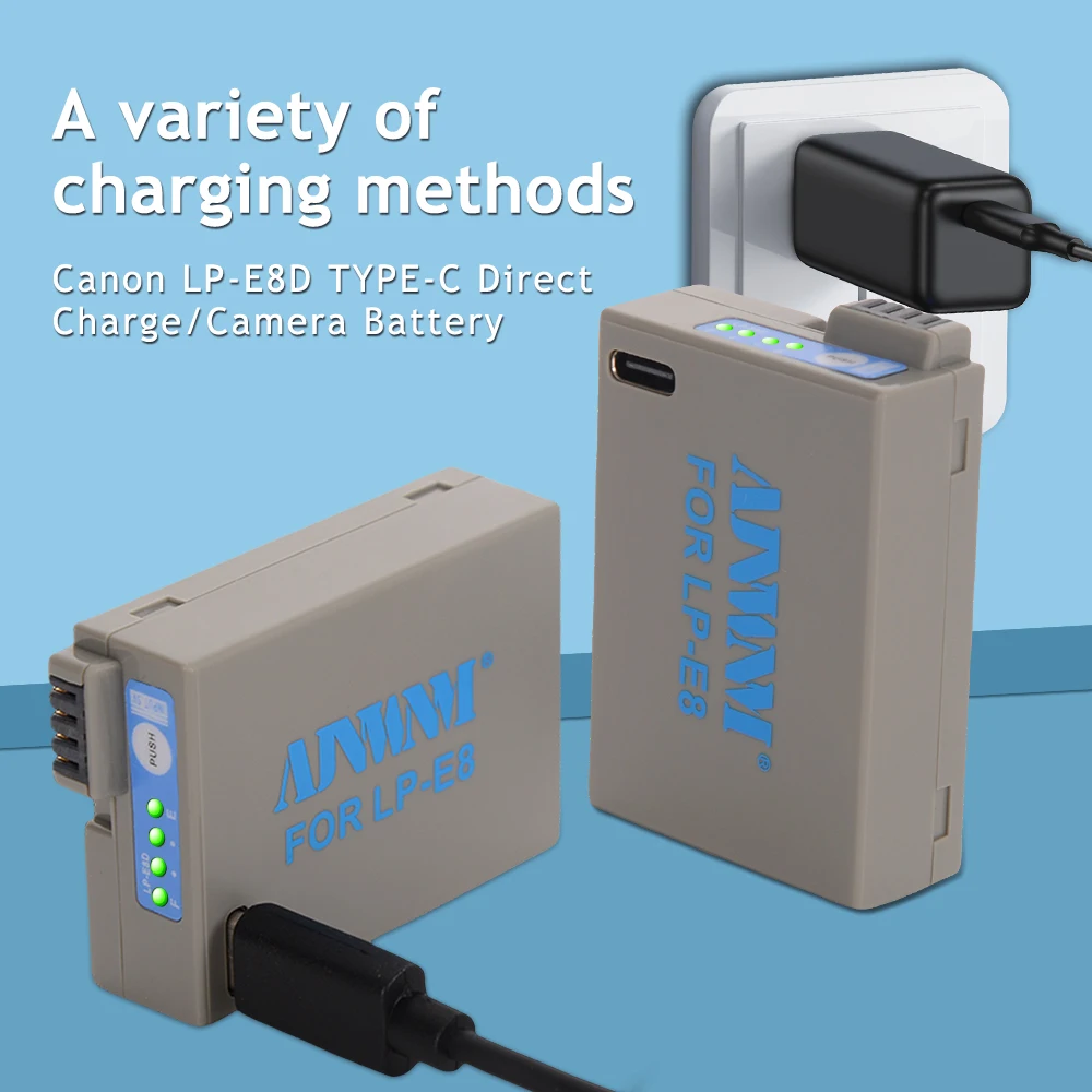 بطارية كاميرا AJNWNM ، شحن من النوع C ، مدمجة لكانون EOS ، 550D ، 600D ، 650D ، 700D ، X4 ، X5 ، X6i ، X7i ، T2i ، T3i ، ، LP E8 ، LPE8