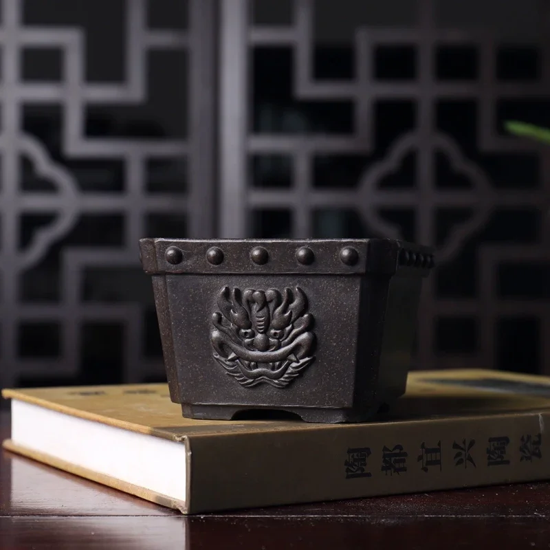 Chinese Carved Pattern Bonsai Vase, Purple Sand, Square, Garden Decoration, Chinese, Home, Room, Office, Desk, Table