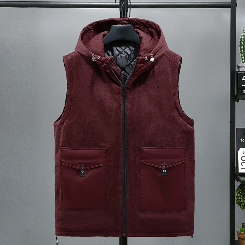 New Large Big Size Men Cotton Padded Vest Hooded Autumn Thermal Sleeveless Jacket Male Warm Corduroy Waistcoat Winter Sweatshirt