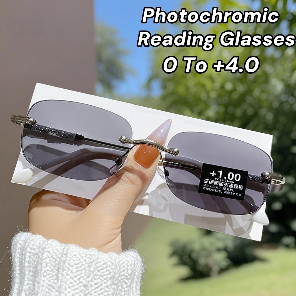 

Frameless Clear Lens Color Changing Reading Glasses Fashion Trend Women Men Far Sight Eyewear Outdoor Photochromic Sunglasses