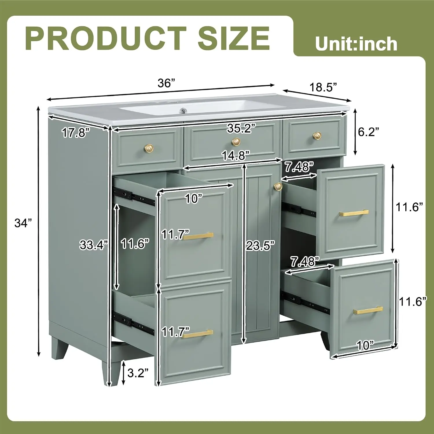 36 Inch Bathroom Vanity with Ceramic Sink, Modern Freestanding Bathroom Vanity Cabinet with Soft Close Door, 3, Customized