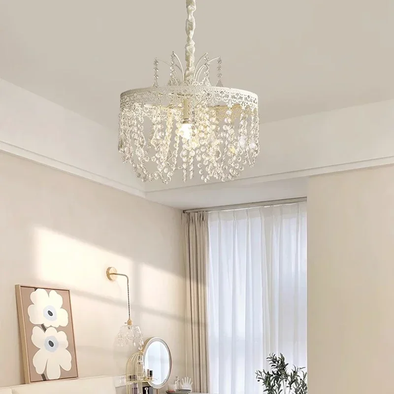 French Country Iron Crystal Small Chandeliers Single Head Pendant Lamp White for Bedroom Living Room Garden Rotating Deco Lights