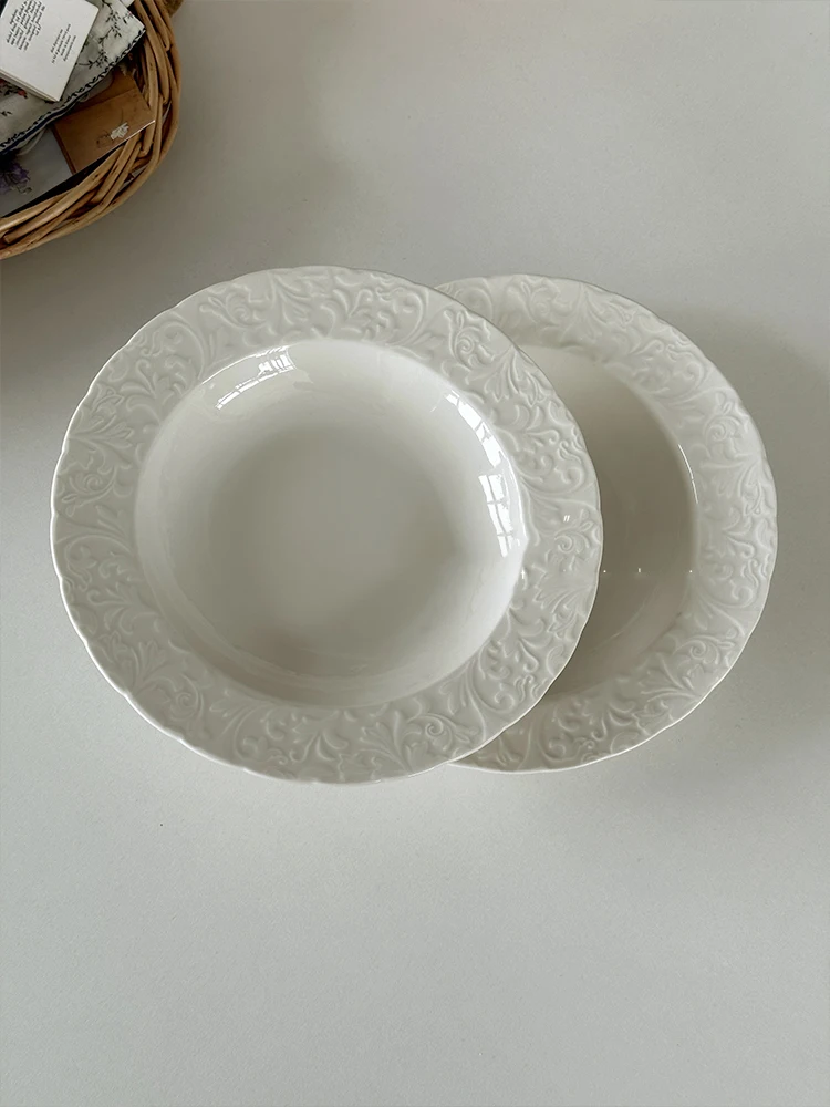 European Embossed Ceramic Straw Hat Plate White Light Luxury Salad Plate Home Pasta Deep Dish Tableware