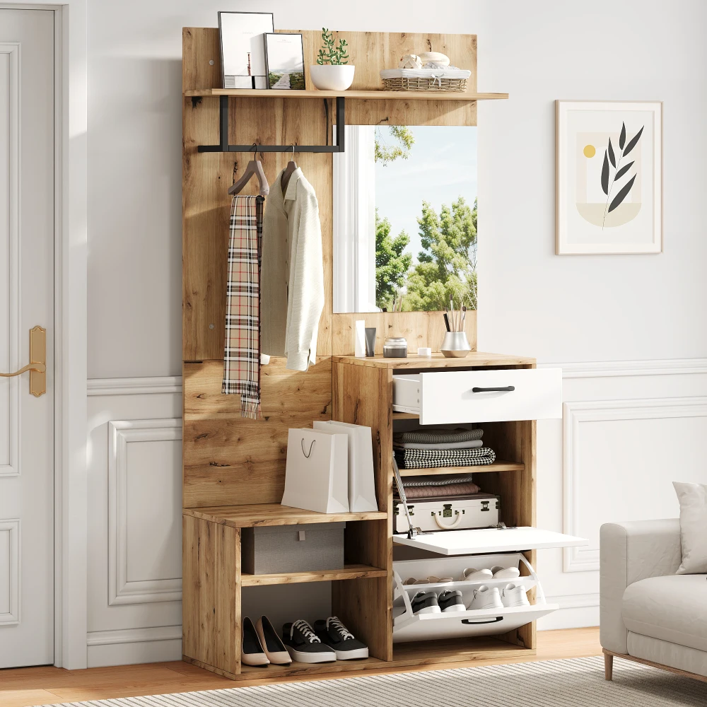 Étagère à chaussures, armoire à chaussures, armoire de couloir, étagère suspendue, armoire compacte beaucoup de rangement couleur bois d'origine blanche