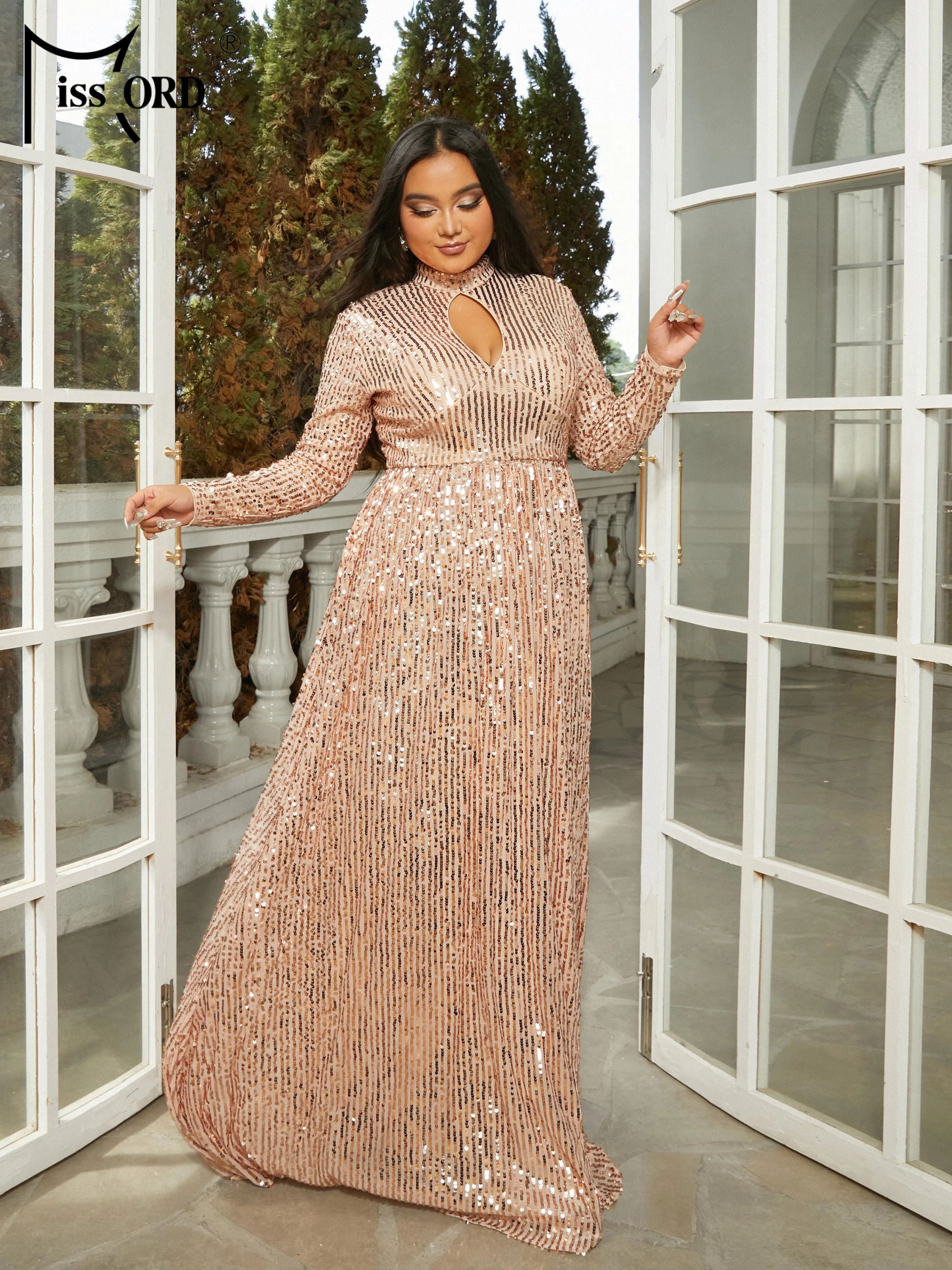 

Missord Apricot Sequin Plus Size Prom Dresses Women Turtleneck Long Sleeve Cutout A-line Loose Party Dress Formal Evening Gown