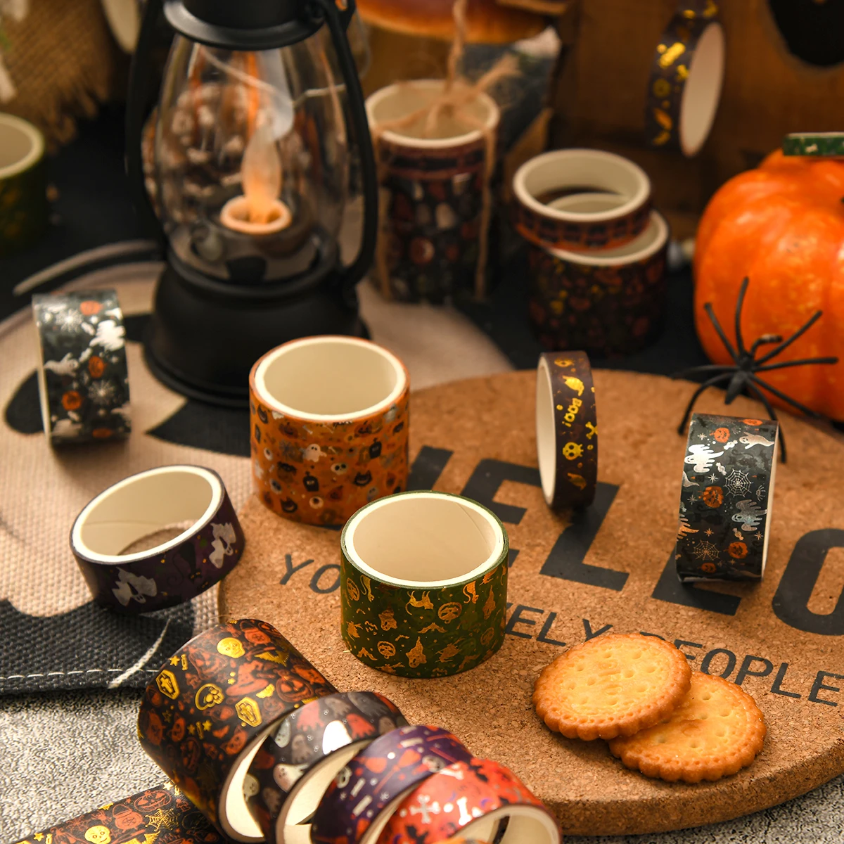 14ロール/箱、絶妙なハロウィーン柄の和紙テープ、独創的なブロンズ加工デザイン、ハロウィーンパーティーDIYデコレーション用