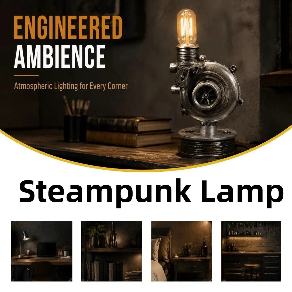 Resin Steampunk Lamp Retro Night Light Steampunk Decor Industrial Table Lamp Industrial Ornament Engine Model Vintage Desk Lamp