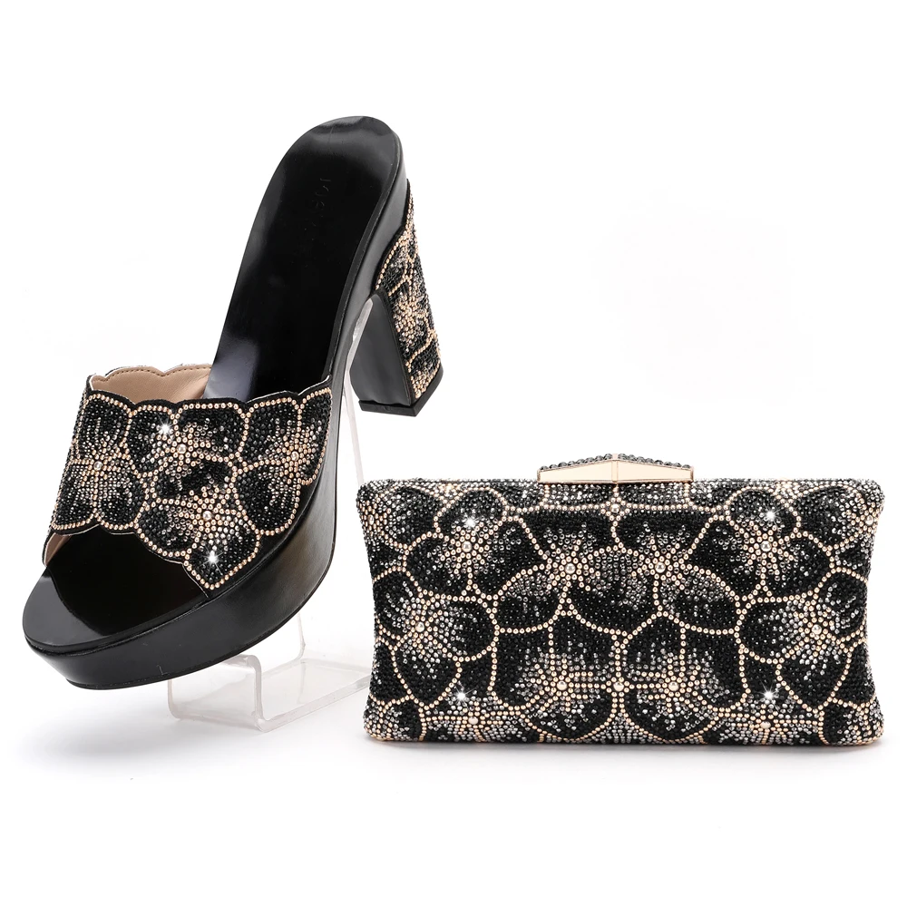 2022 New Fashion Designs African Chunky Heels Slippers Match Handbag Italian Style Clutch Bag With Elegant Crystal For Party