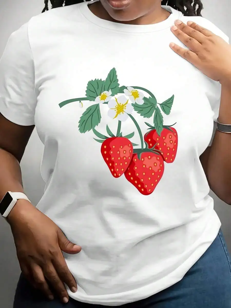 Women Plus Size Strawberry Print Graphic T Shirt Crewneck Short Sleeve Breathable Versatile Basic 1 Piece Oversized Top