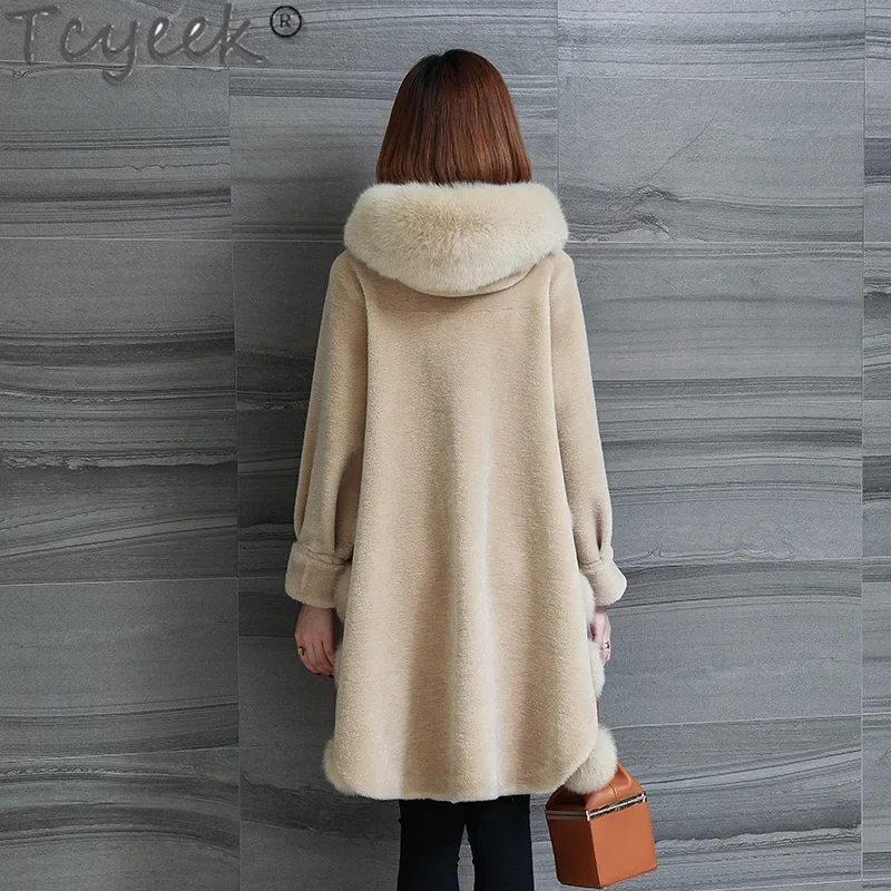 Tcyeek Cappotto di Lana Reale Vestiti Delle Donne Caldo Collo di Pelliccia di Volpe Giacca di Pelliccia delle Donne di Inverno Medio-lungo Cappotti di Shearling di Pecora Пblogто Ж erotismoе