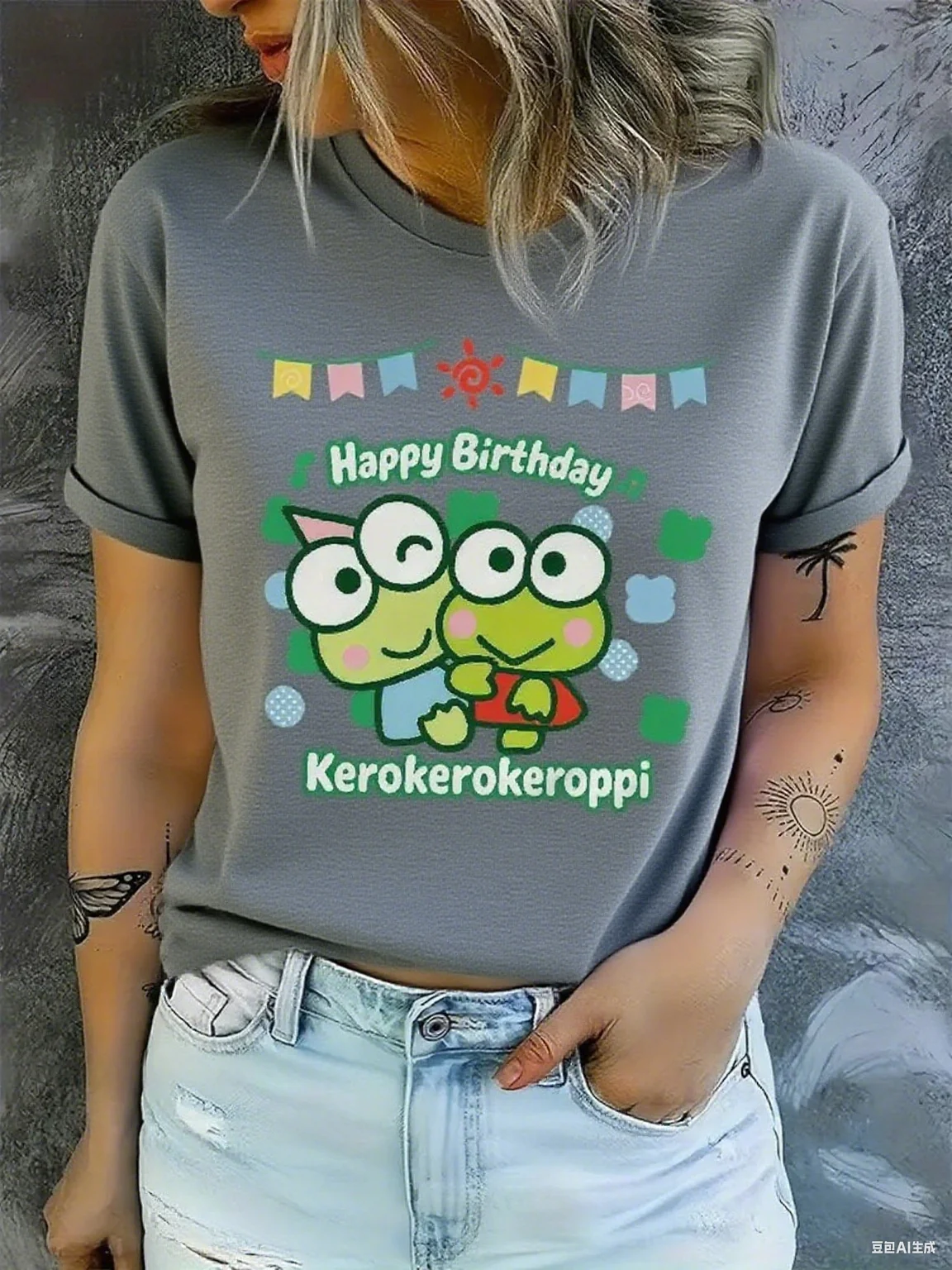 تي شيرت قطني مع جرافيك سانريو كيروبي للاحتفال بعيد الميلاد كيروبي الضفادع والأعلام نمط تصميم ممتع احتفالي من القطن الخالص #4