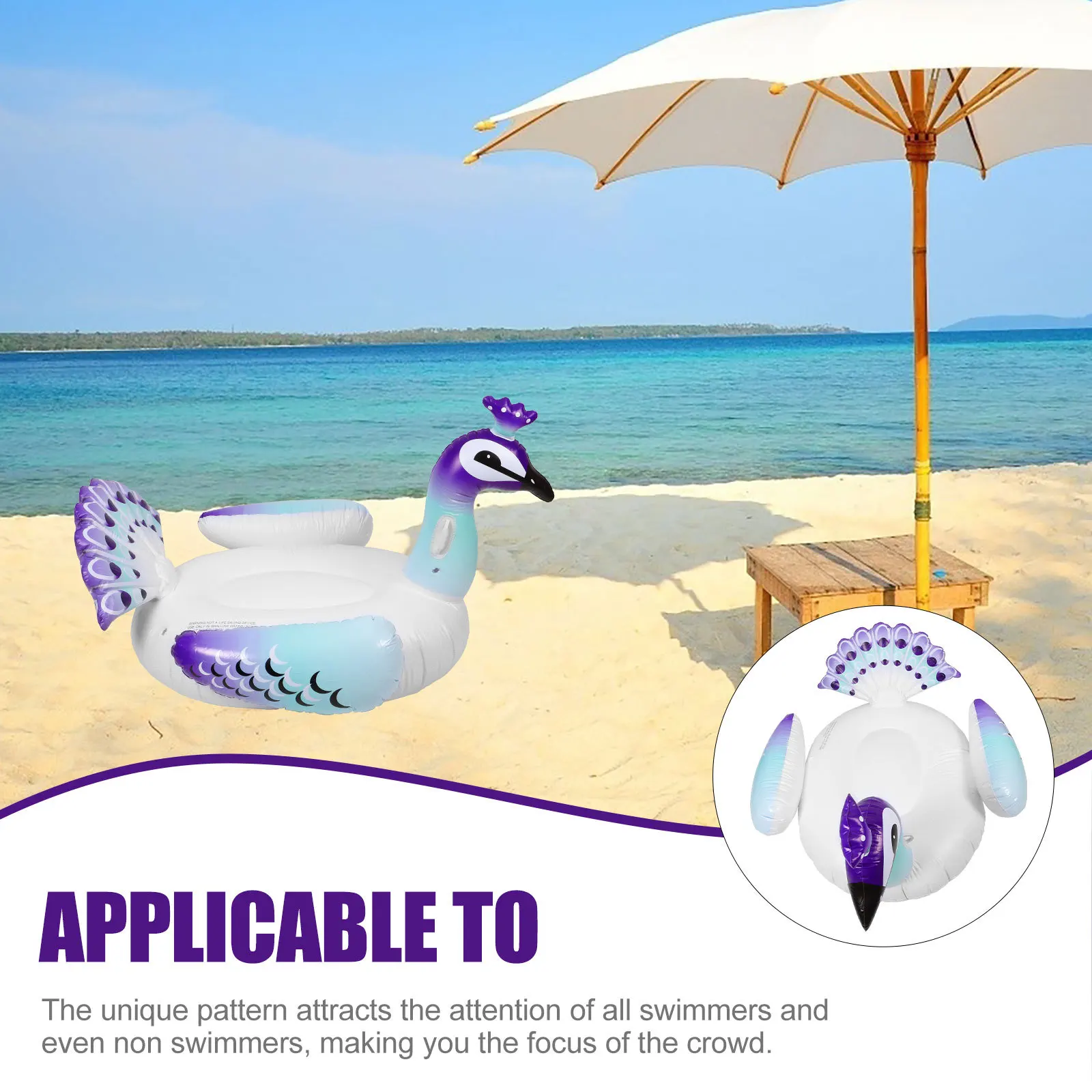 ที่นั่งลอยน้ำรูปนกยูงเป่าลม 1 ชิ้น อุปกรณ์เล่นน้ำ ที่นอนลอยน้ำสำหรับสระว่ายน้ำ สนุกสนานในช่วงฤดูร้อน วันหยุดพักผ่อนที่ชายหาด ทำจากพีวีซี