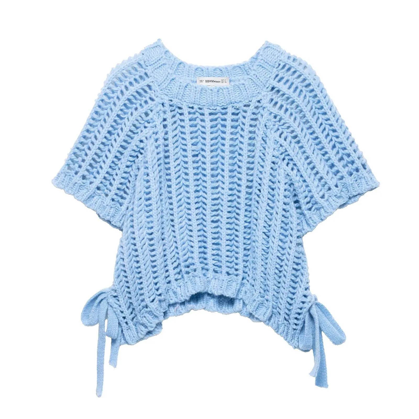 2025 Lace-Up Knitted Pullover Women's Casual Crew Neck Tie-Front Bow Design Women's Autumn Short-Sleeved Solid-Colour Knit Top