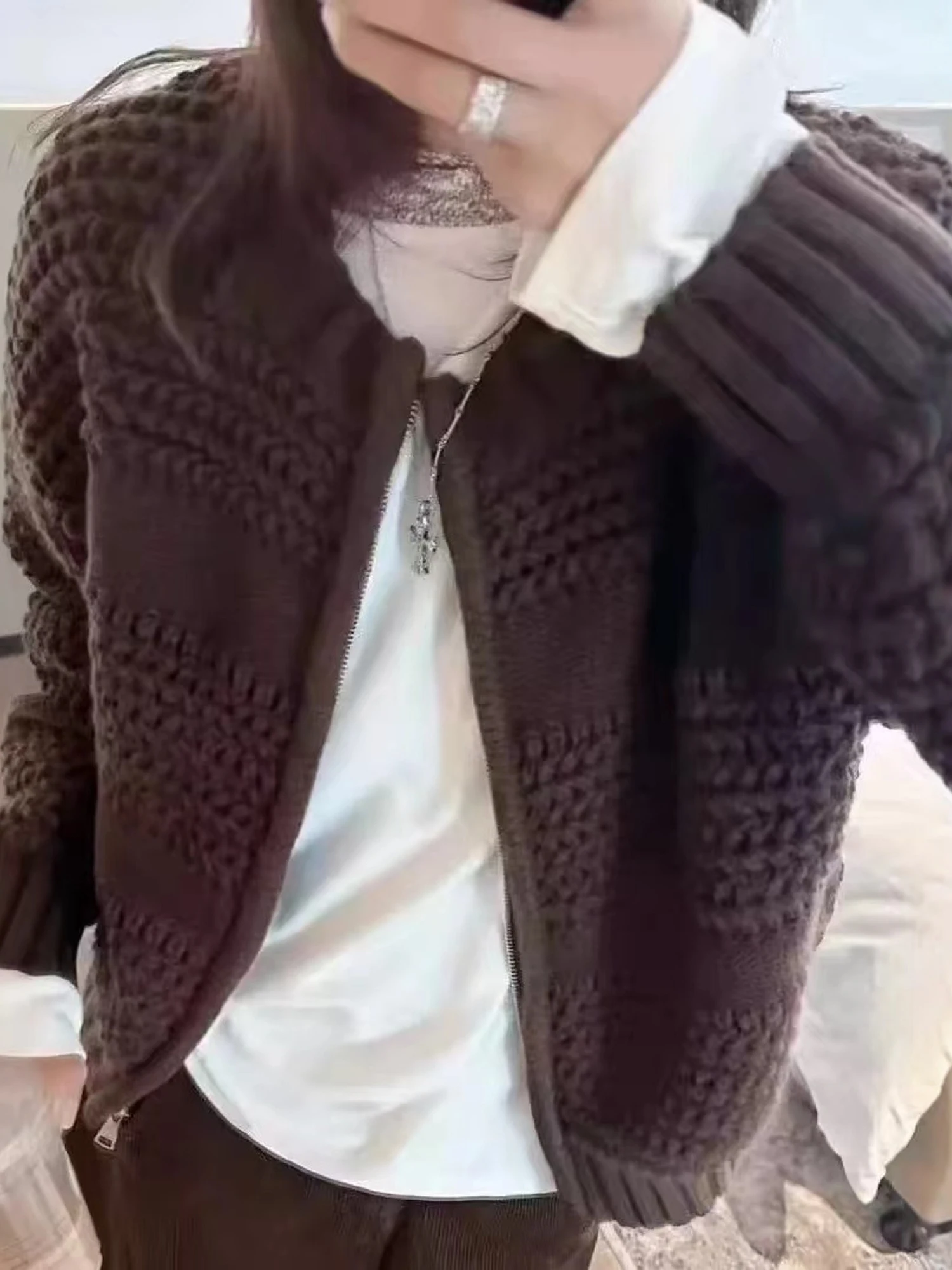Retro Twist Double Zipper Sweater Open Cardigan Women's Autumn Winter Lazy Loose Knitted Sweater Thickened Style Fashionable ...