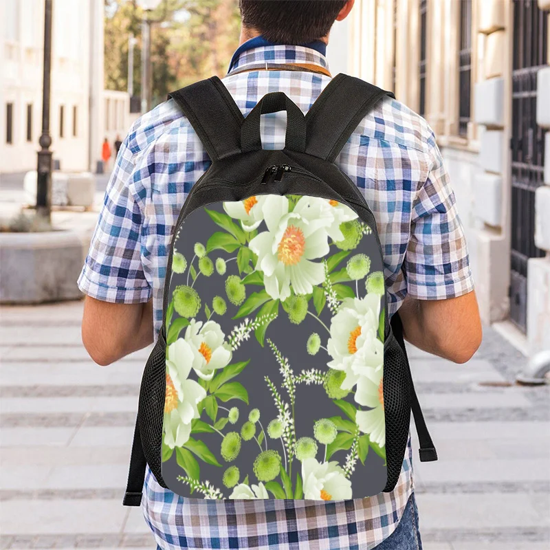 

Women's Floral Printed Backpack with Adjustable Strap and Zipper Closure - Pale Green with White Flower Design