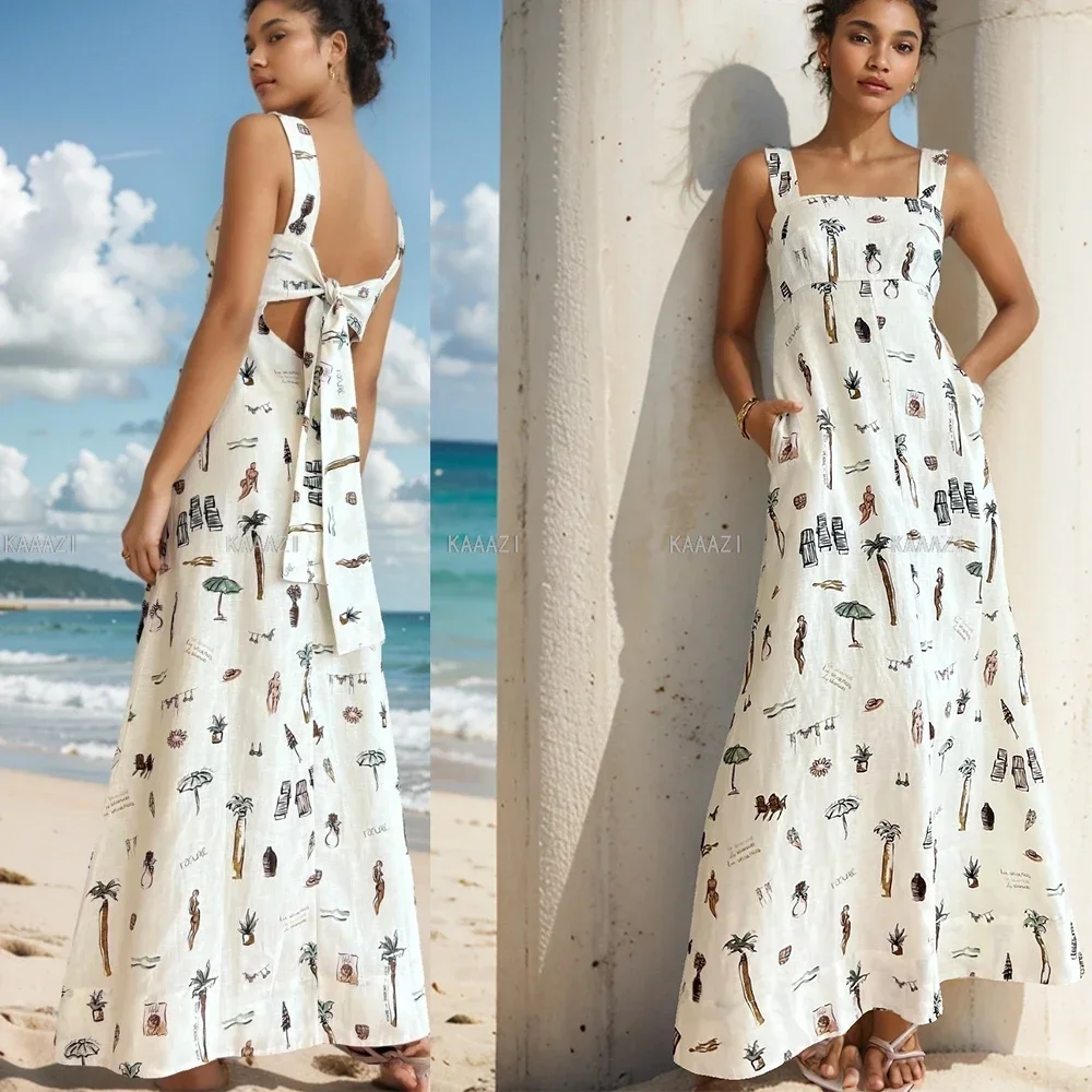 Damska plaża bez rękawów Maxi sukienka Vintage paski Slip modny nadruk długie sukienki na co dzień bez rękawów elegancka Vestido Party wakacje