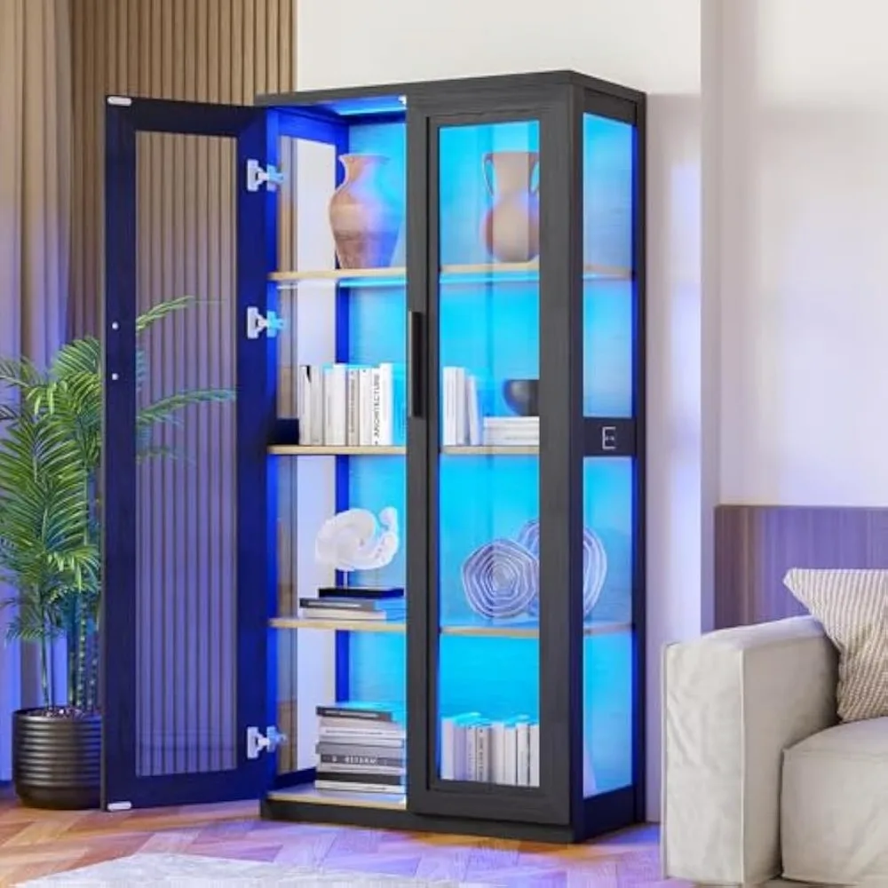 Bookcase with Glass Doors, Curio Cabinet with 4 Shelves, Bookshelf with 3 Color LED Light and Human Body Sensing