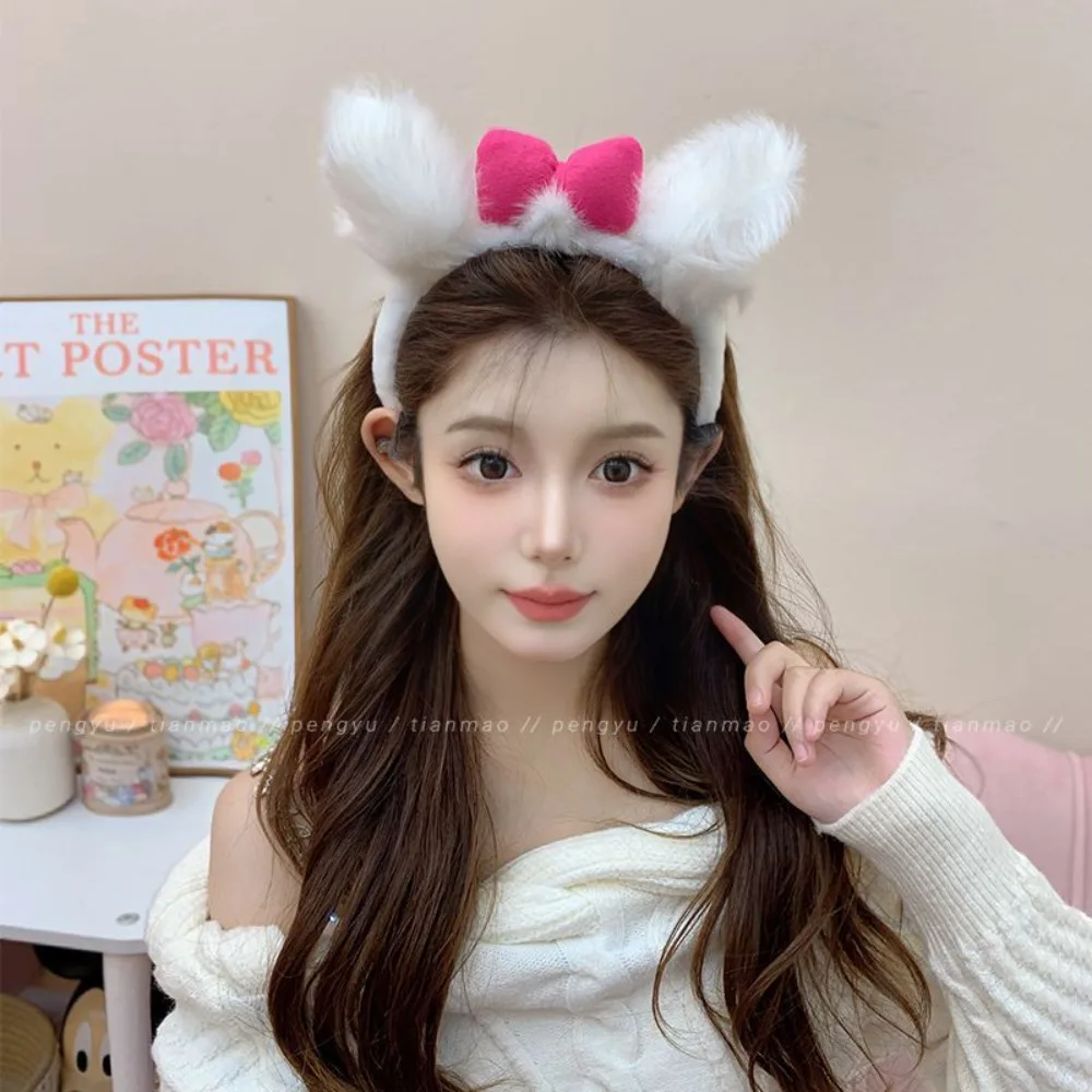 2026 Luxury Lolita Plush Bunny Ears Panda Headband with Bowknot Cute Face Wash Hair Hoop for Women Elegant Headdress