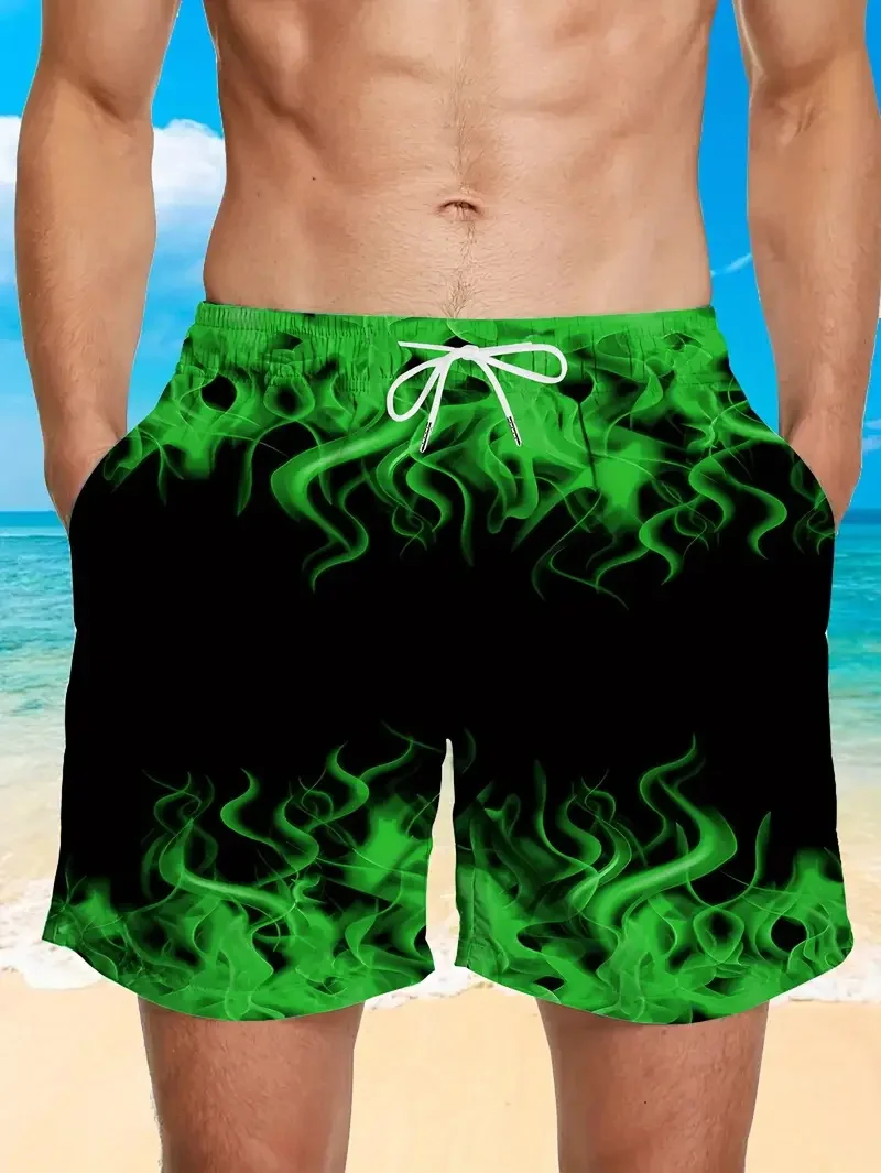 Pantalones cortos de playa con estampado de llamas vibrantes en 3D para hombre, pantalones cortos informales de talla grande de verano para hombre, pantalones cortos de estilo hawaiano, bañadores para hombre