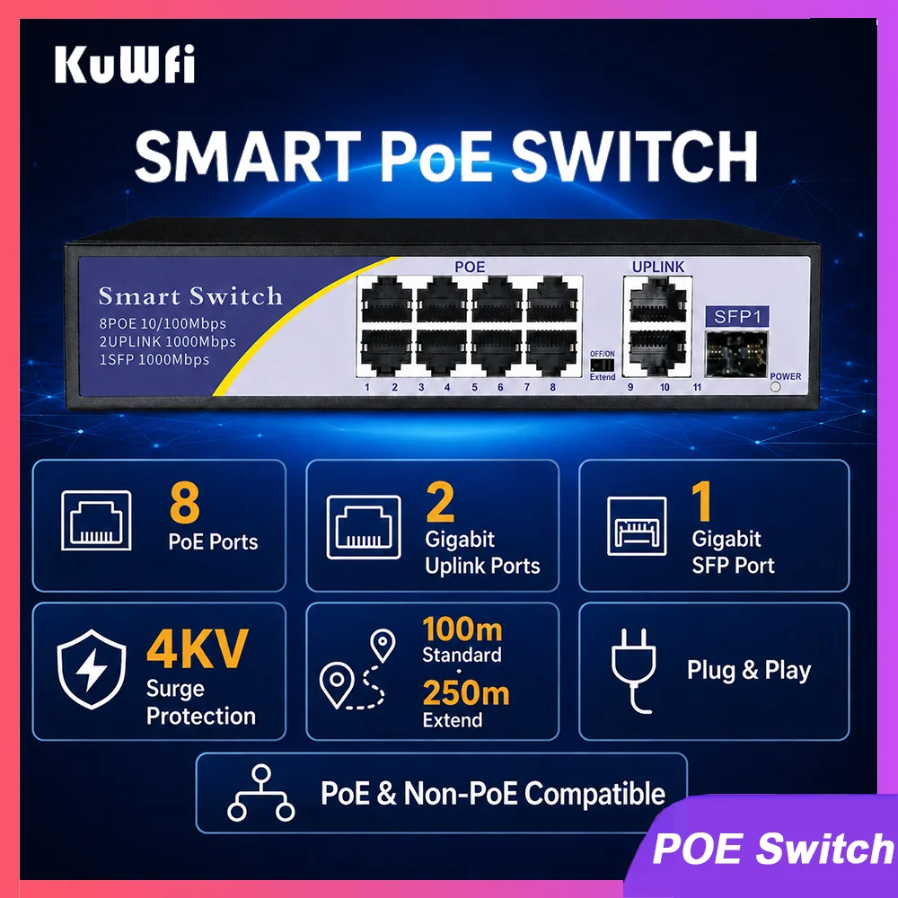 KuWFi POE Network Switch 8 POE 2 UPLink 1 SFP 4KV Lightning Protection Ethernet Switch Extend 250M Long Range for CCTV IP Camera