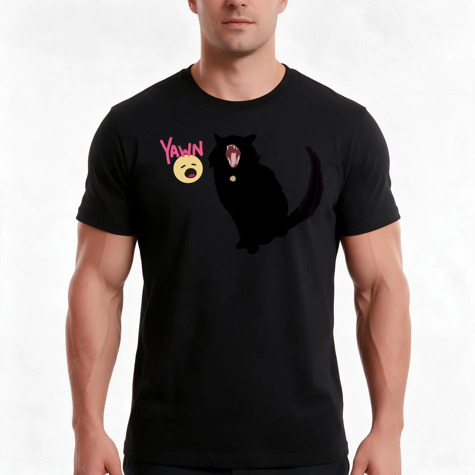 Yawn Kitty T-Shirt, Summer Casual Cotton Tee, Oversized Streetwear Tops, Vintage Graphic Print, Loose Fit Short Sleeve