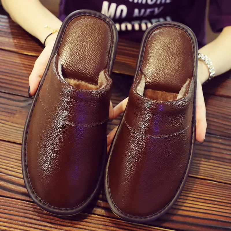 Genuine Leather Men House Slipper Ladies Hotel Shoes Leisure Slides