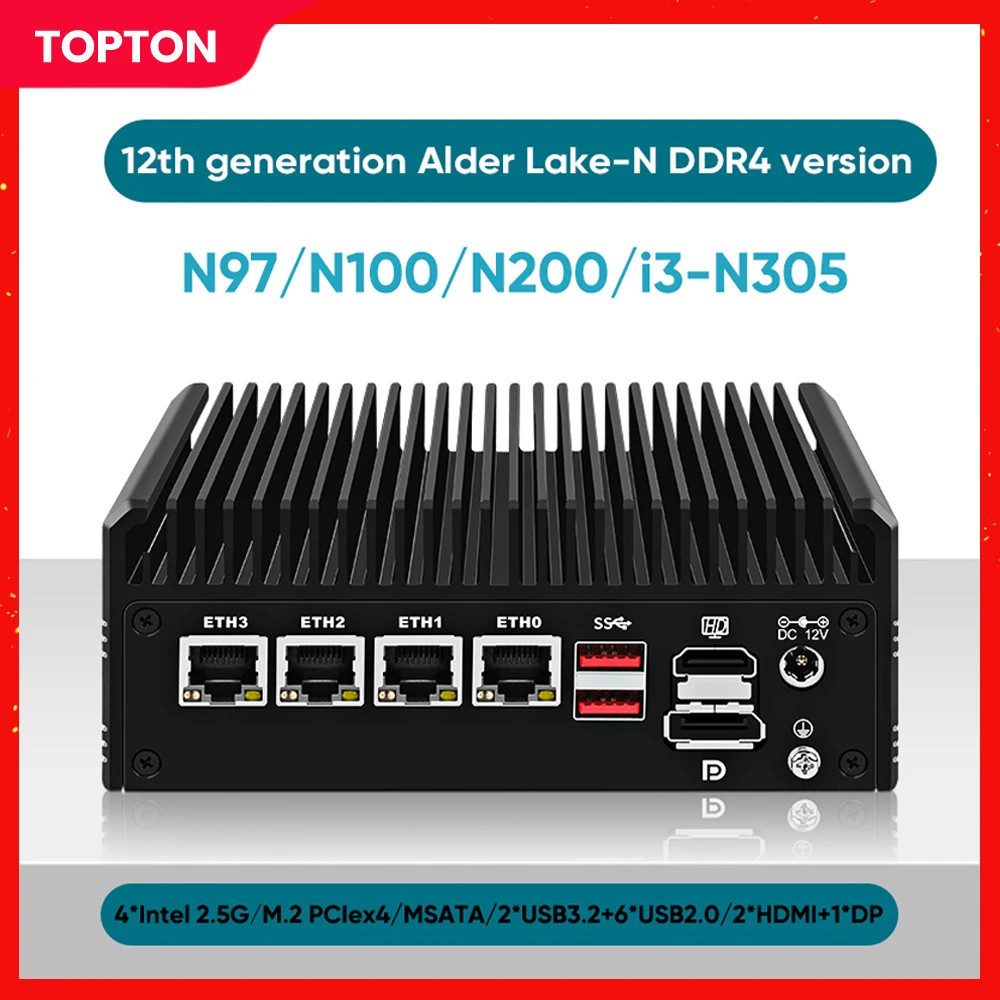 

2024 New 2.5G Soft Router Intel i3 N305 N100 4*i226-V DDR4 PCIe3.0x4 MSATA 2*HD+DP Fanless Mini PC Firewall Appliance NAS Server