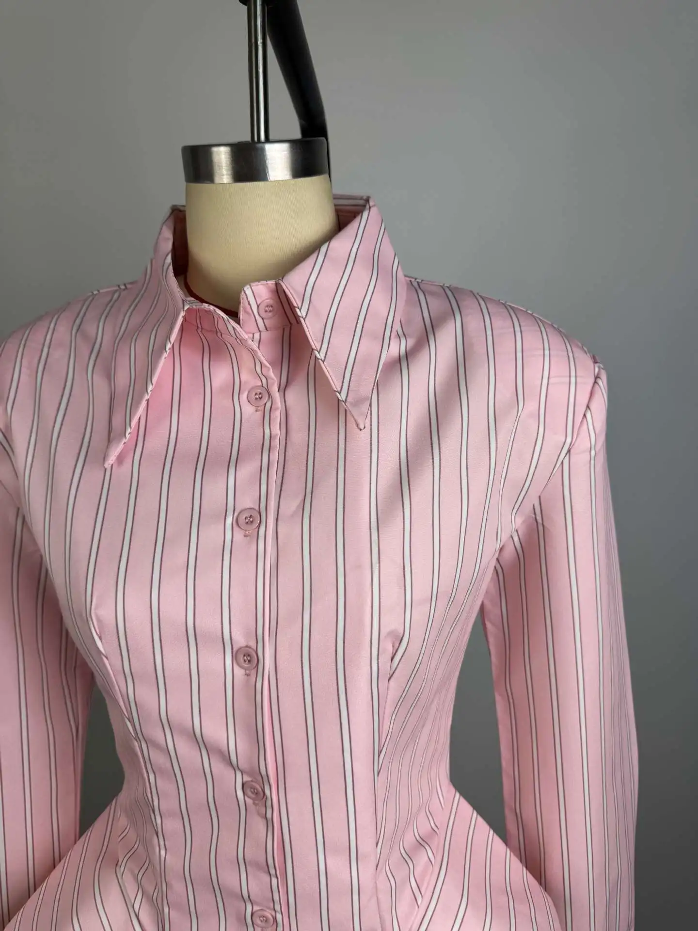 Women's Spring Summer Lapel Striped Fitted Asymmetrical Hem Shirt Casual Office Date 2026 New Trendy Feminine Fashion Shirt