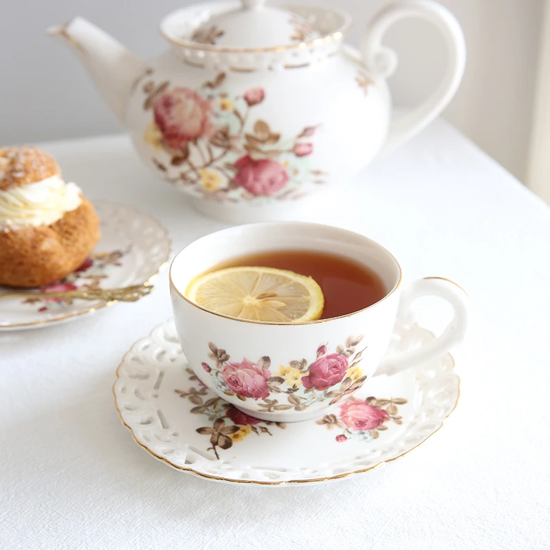 French retro rose ceramic gilded European court coffee cup, plate, English afternoon tea cup, black tea cup, latte cup