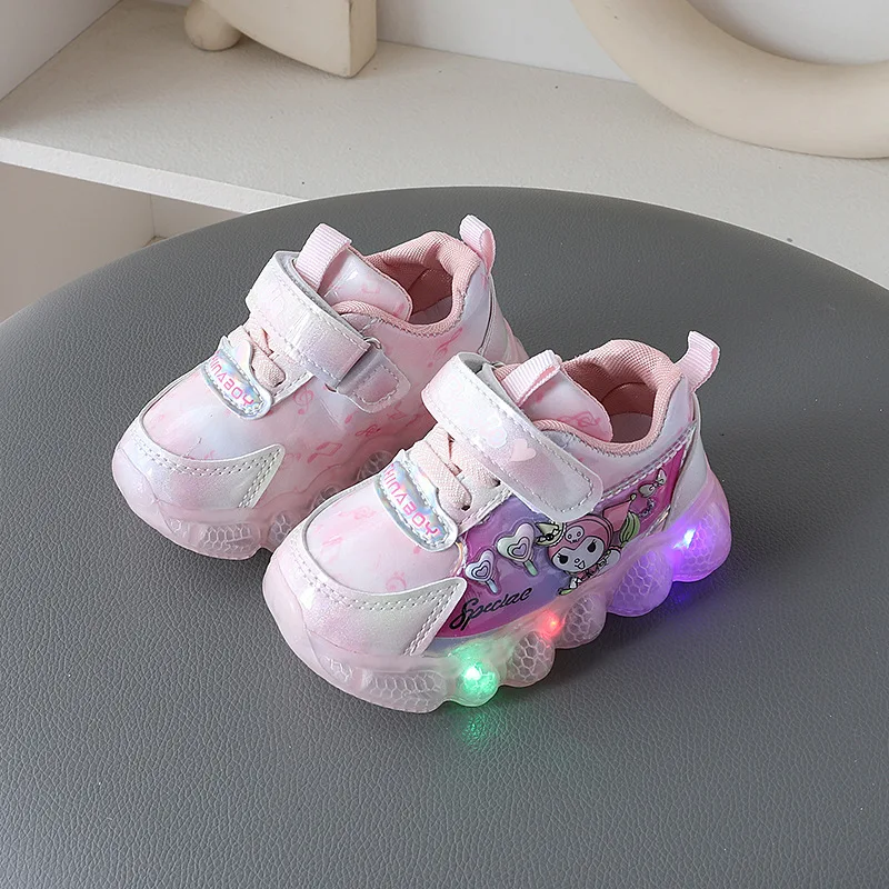 Girls Cartoon Kuromi LED Light Sports Shoes 2024 New Children\'s Anti Slip Soft Sole Cute Princess Casual Shoes Luminous Shoes