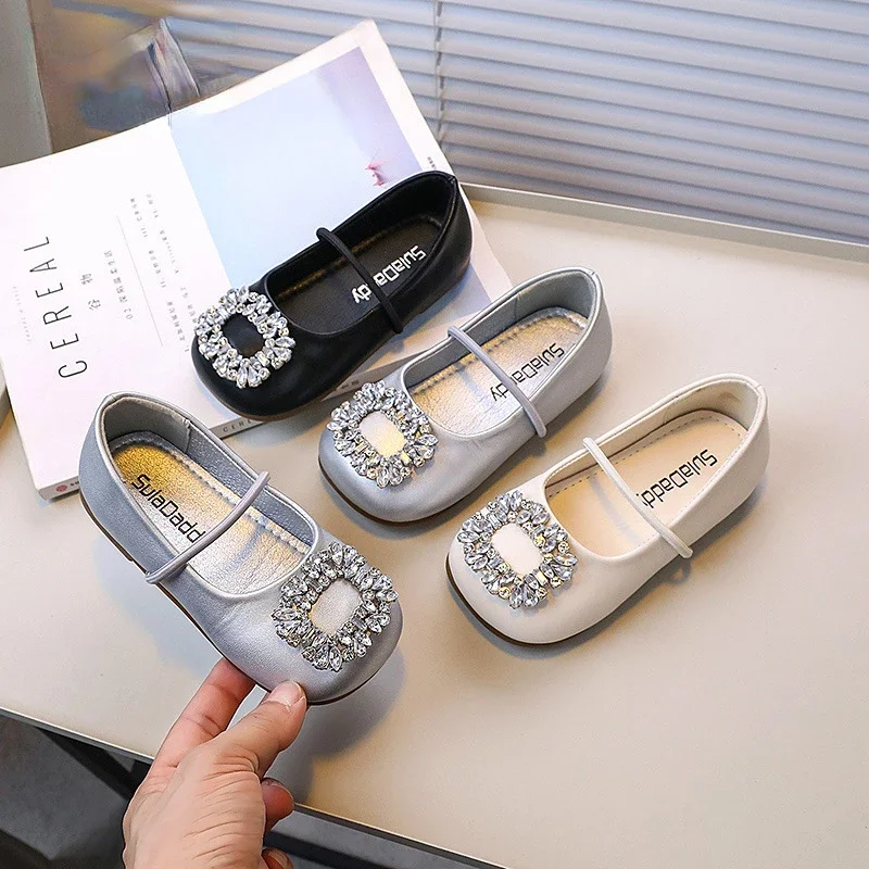 

Spring Autumn Princess Shoes Girls Fashion Crystal Small Leather Shoe Sliver Soft Sole Ballet Flats Children Party Wedding Shoes