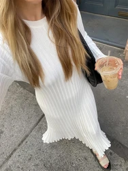 wsevypo Women's Knit Ribbed Long Dress Spring Fall Solid Color Long Sleeve O Neck Wrapped Pencil Dress Casual Streetwear Outfit