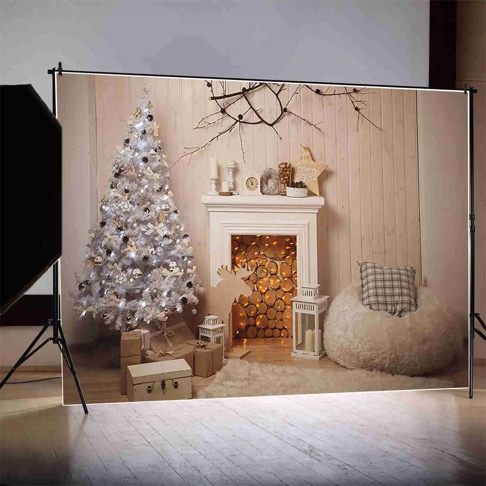 MOON.QG Christmas Tree Living Room Photography Background Fireplace Wood Brick Wall Photo Backdrop New Year Shooting Photo Zone