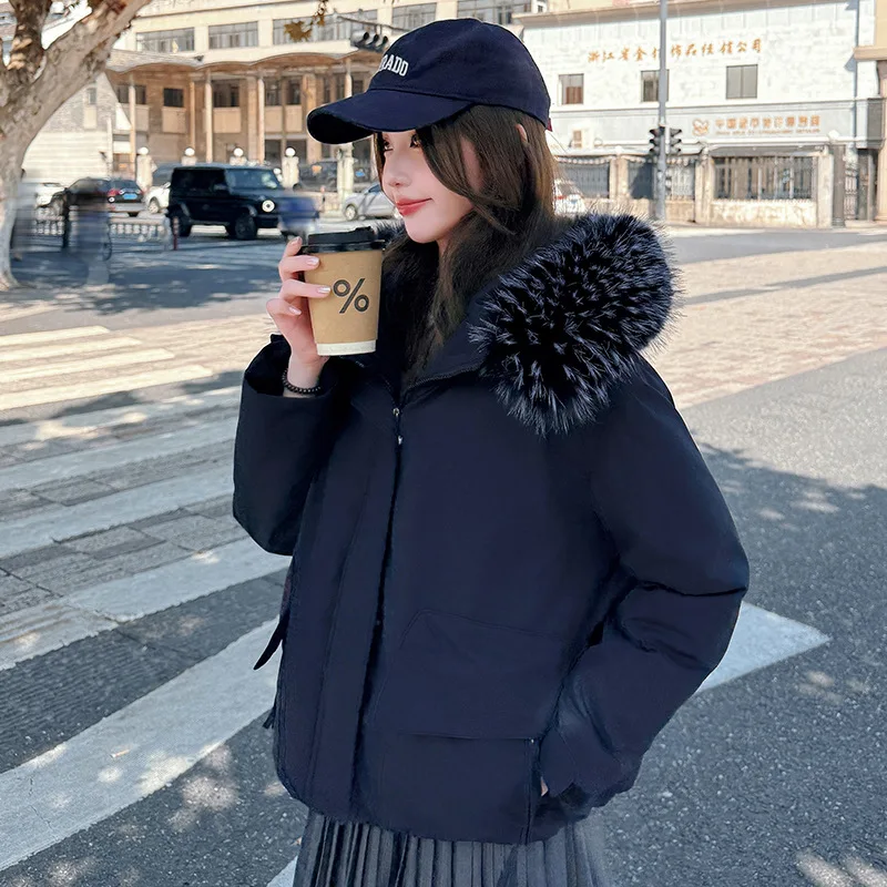 Faux Fur Hooded Parka Coat for Women Vintage Loose Workwear Windproof Jacket Winter Long Sleeved Warm Quilted Outerwear