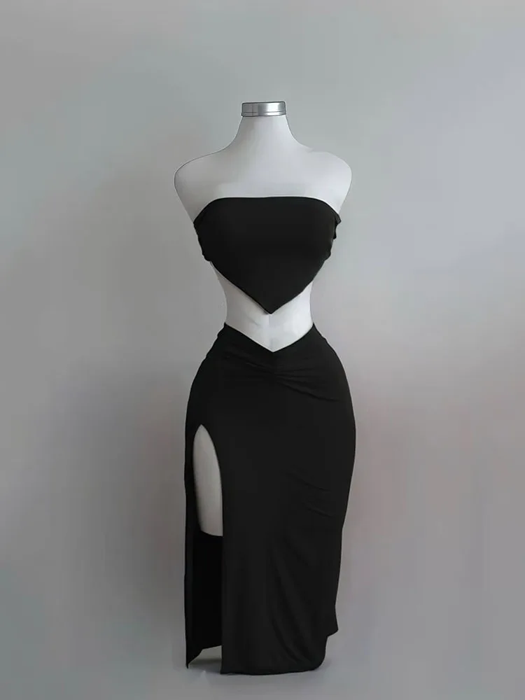 Top corto sin tirantes y espalda descubierta, falda de cintura alta, conjunto de 2 piezas para mujer, vestido Midi Sexy ajustado con abertura, trajes de tubo, conjuntos para fiesta y Club