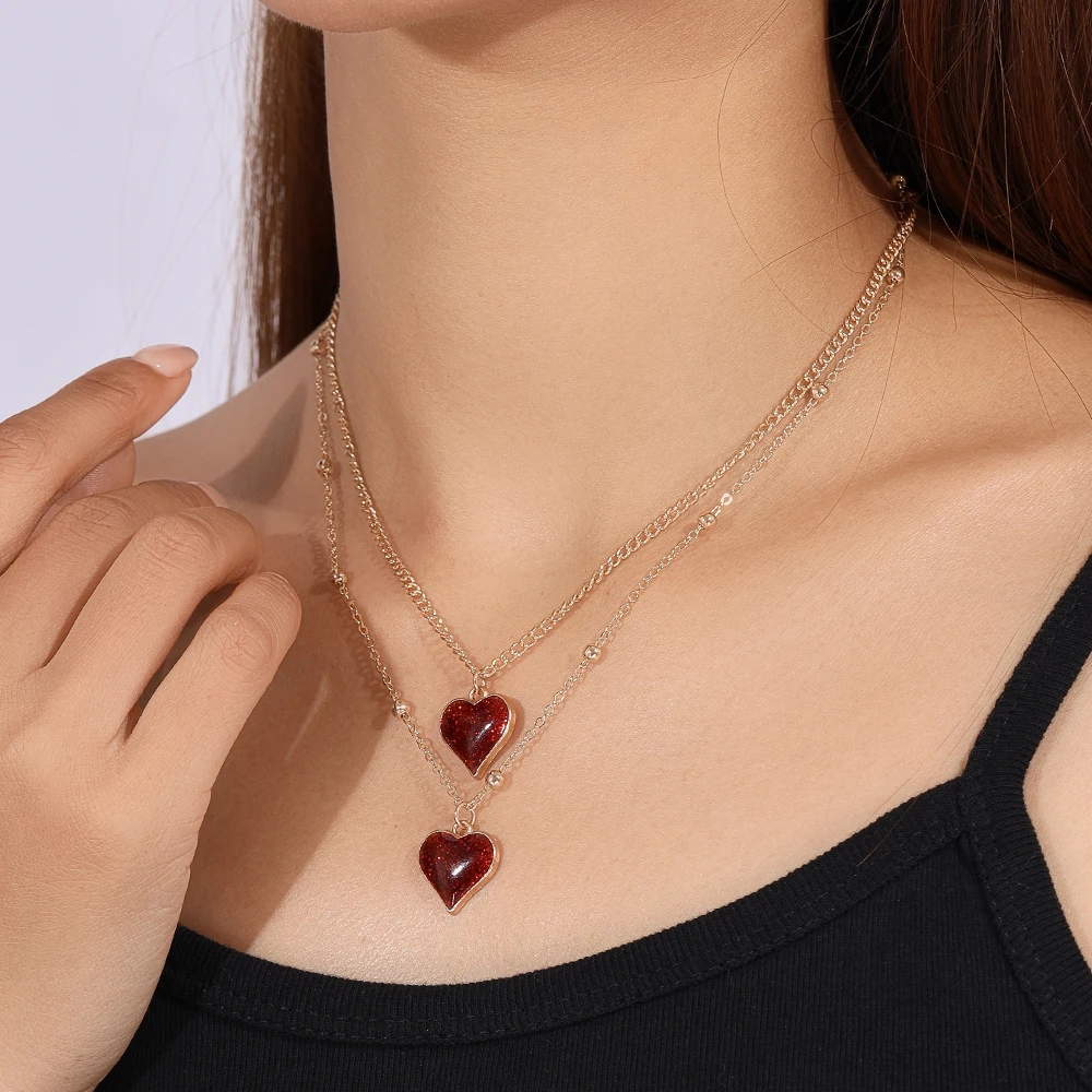Aihua Gold Color Red Heart Necklace Romantic Sweet Simple Clavicle Chain Necklaces for Women Collar Valentine‘s Day Jewelry Gift