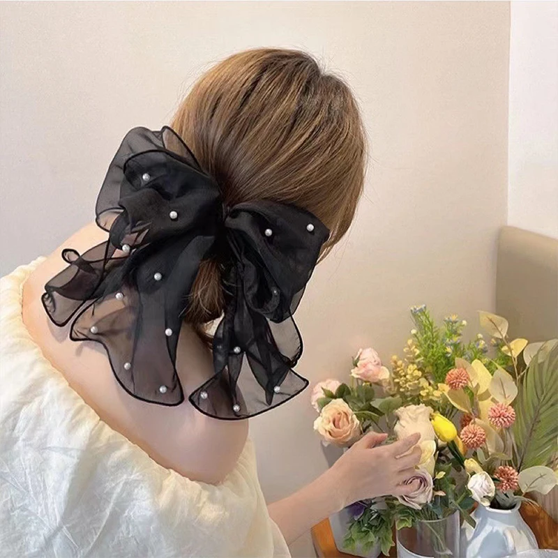 Modische Haarspangen mit Perlen und Schleifen für Damen, elegante Chiffon-Schleifen, Pferdeschwanz-Haarspangen, süße Haarschmuck-Accessoires – Detail 3
