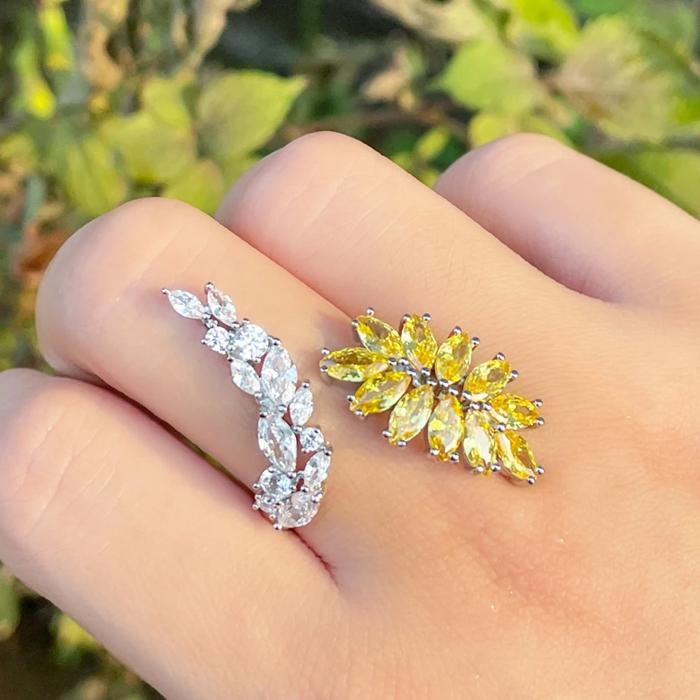 BeaQueen Trendy Yellow White Leaf Feather Shape CZ Crystal Anniversary Jewelry Wrap Open Finger Rings for Women Party Gifts R130