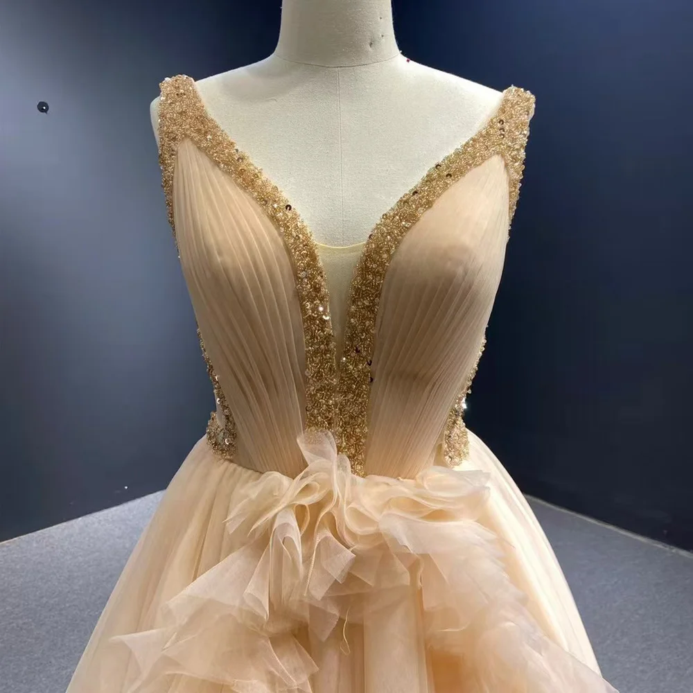 2026 Women's V-Neck Sleeveless Evening Dress Lace-Up Back Sequined Customizable Special Occasion Gown view 3