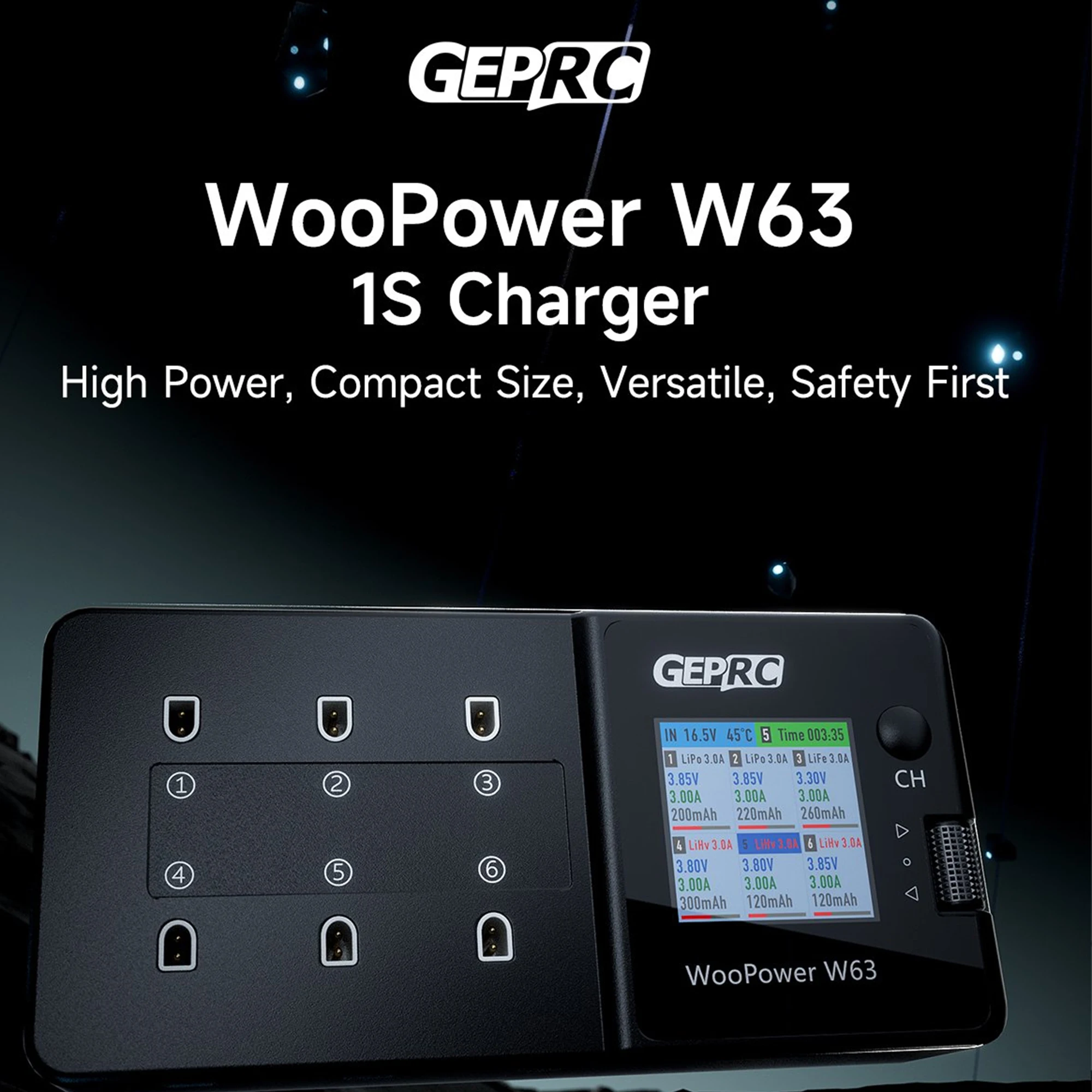 GEPRC WooPower W63 1S Charger 3A Channel Charging with Six Independent Ports Supports LiPo/LiHV and LiFe 1S Batteries