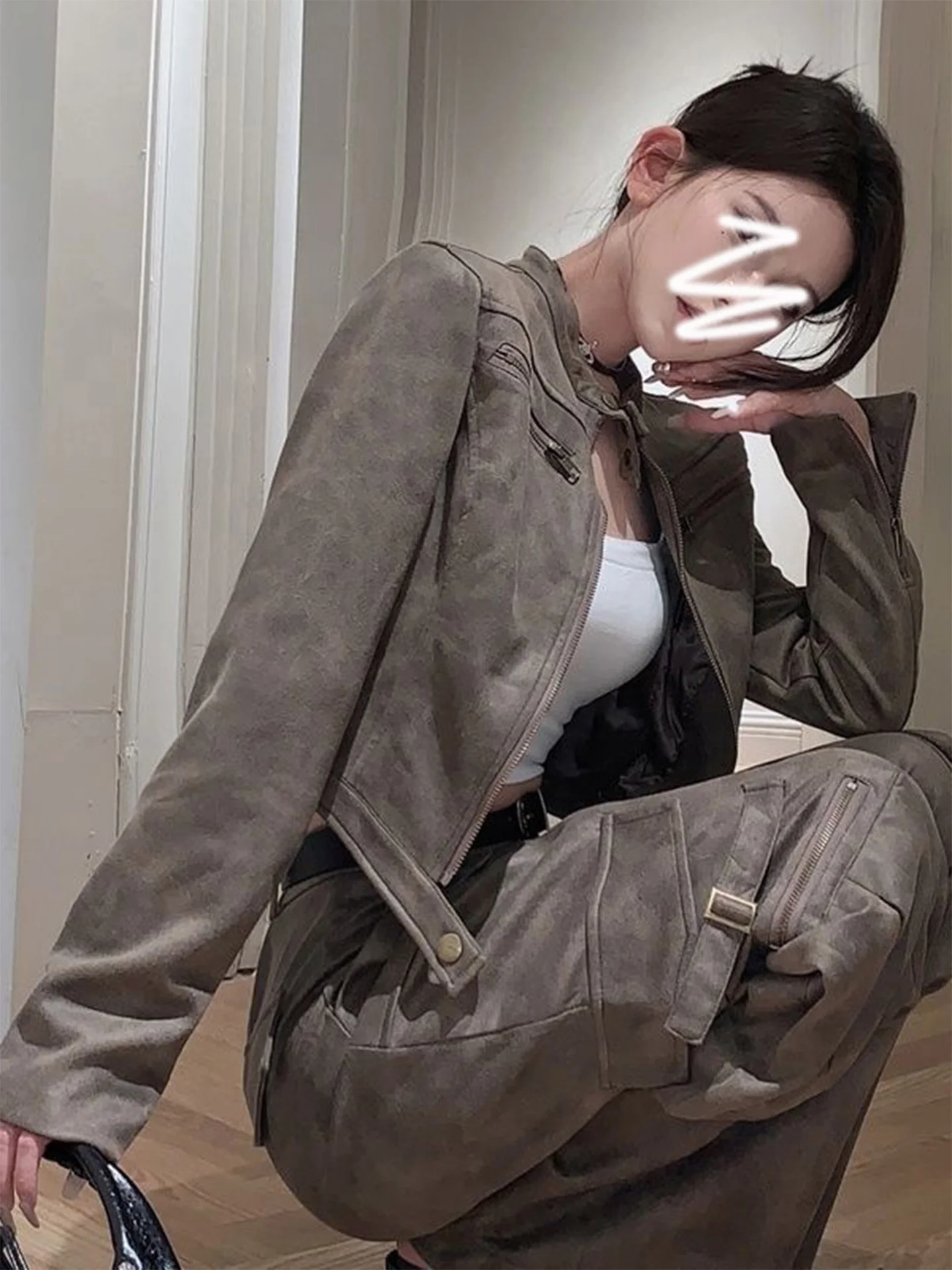 Retro Brown Suede Leather Jaet Women's ort Motorcycle Sle Outerwear Fall Season Faionable Commute Wind Regular Sve