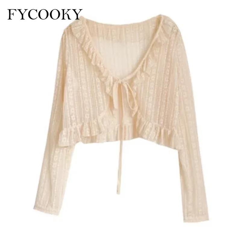 

2025 Summer Apricot Lace Belt Women Cardigan Korean Fashion V-neck Long Sleeve Sweet Slim Thin Sunscreen Jacket Female