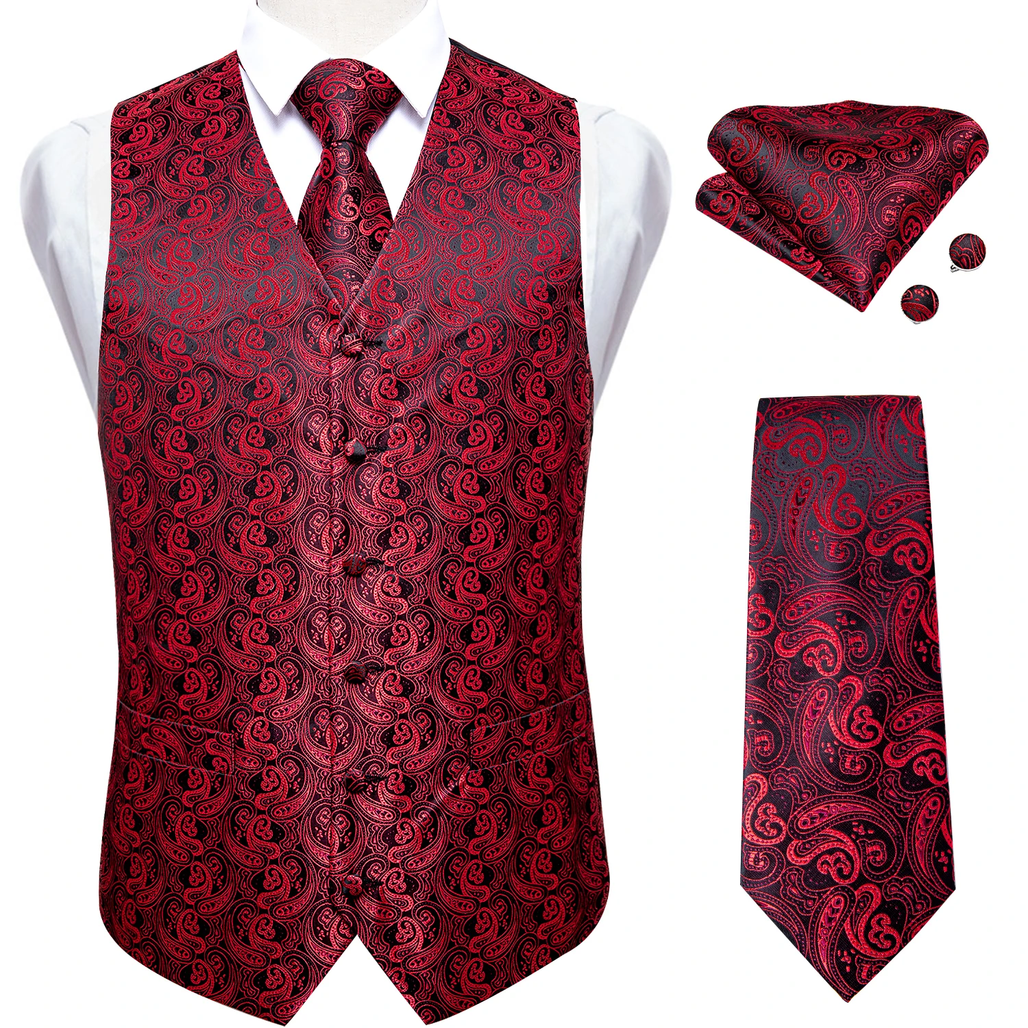 Dibangu Classic Red Black Paisley Men's Suit Vest Necktie Pocket Square Cufflinks Set Formal Business Waistcoat for Man Wedding
