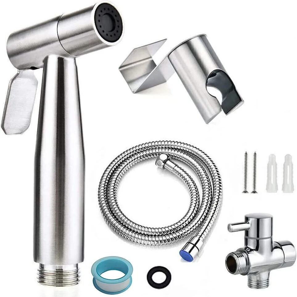 2Pcs Heavy Duty Stainless Steel Handheld Bidet Sprayer for Toilet US Standard Shattaf Adapter Set Leakproof Bathroom Diaper Spray Hose Kit