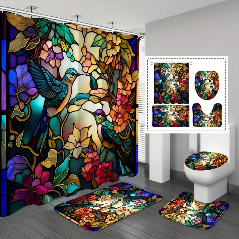 

4pcs Glass Hummingbird Floral Printed Shower Curtain Set, Waterproof Shower Curtain With 12 Hooks, Non-Slip Bathroom Rug, Toil