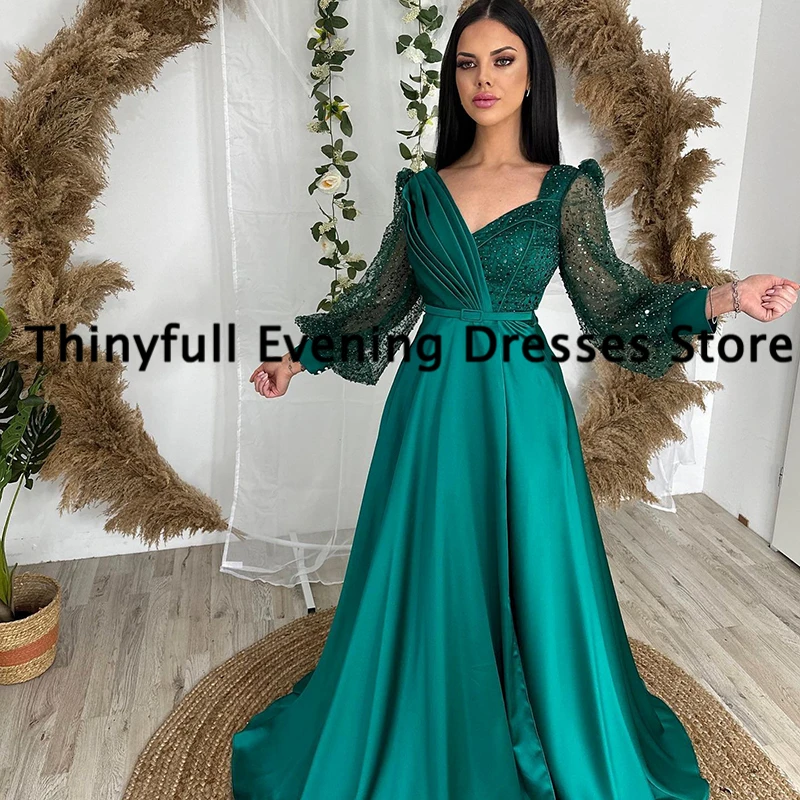 Thinyfull-vestido de fiesta Formal con cuello en forma de A, vestido de noche con manga abombada y purpurina, talla grande, Arabia Saudita, 2023