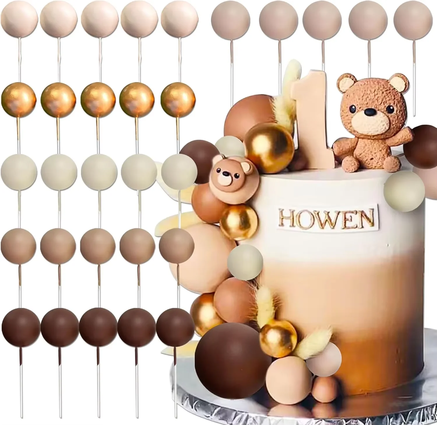 30 pçs boho bege marrom ouro bolas decorações de bolo conjunto para chá de bebê aniversário casamento bolo topper decorações
