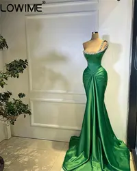 Green Long Draped Mermaid Satin Evening Dresses 2023 Sexy Sliver Beaded One Shoulder Birthday Party Dress Formal Dinner Gowns