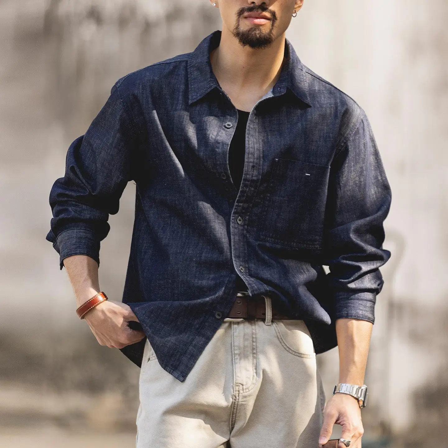 

Eco-Friendly Active Dye Original Color Men's Denim Shirt Spring 2026 Large Size Top American Commuter Long Sleeve Shirt